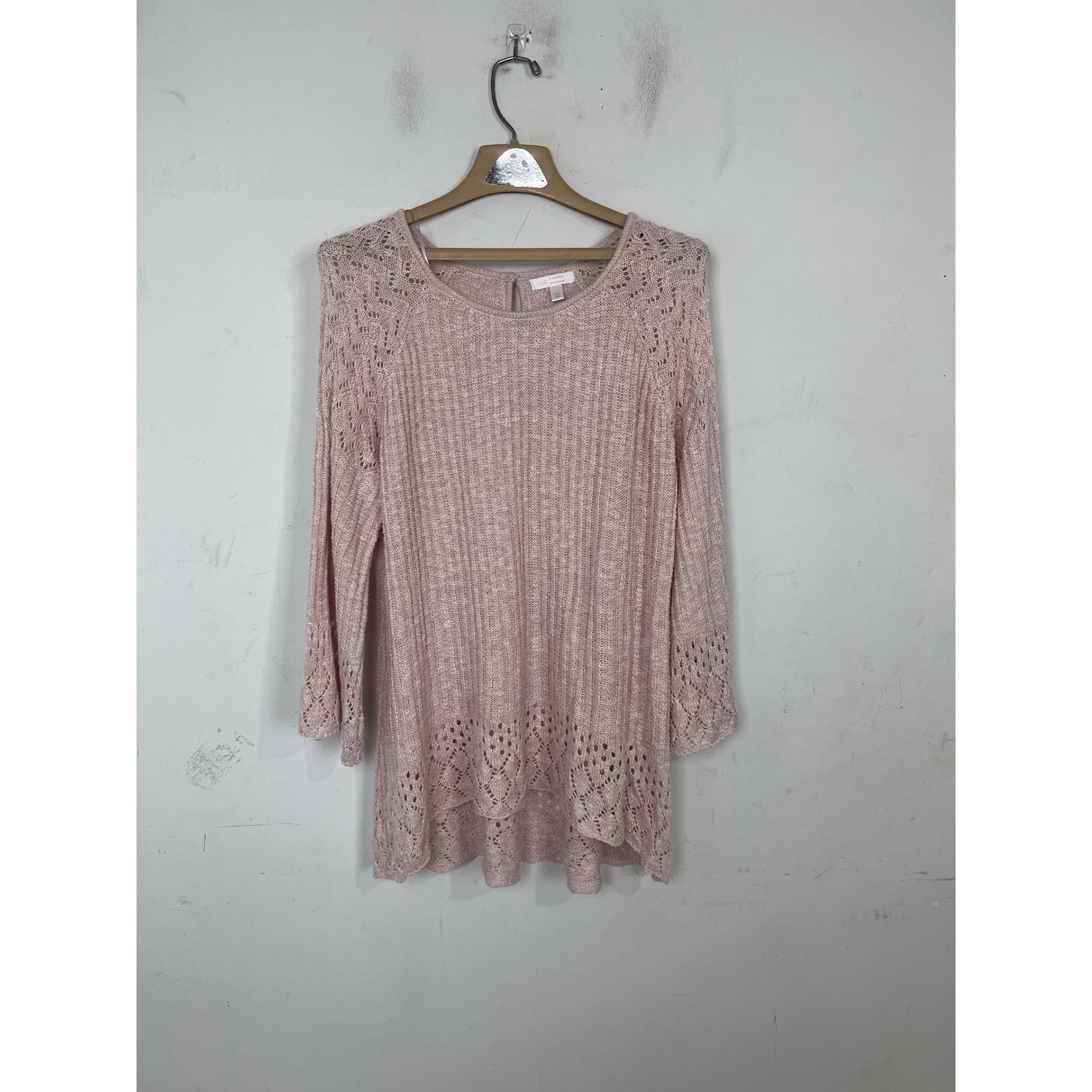Lauren Conrad Pink Pointelle Lace Trim Knit Tunic Sweater Womens Xl Long Sleeve